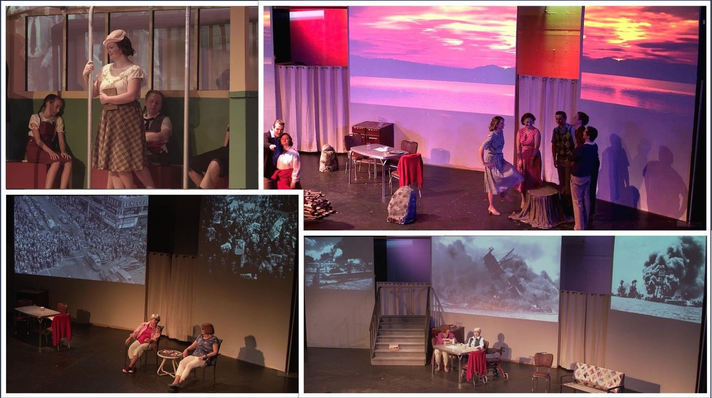 A theatrical production montage featuring actors on stage with digital projections of historical events.