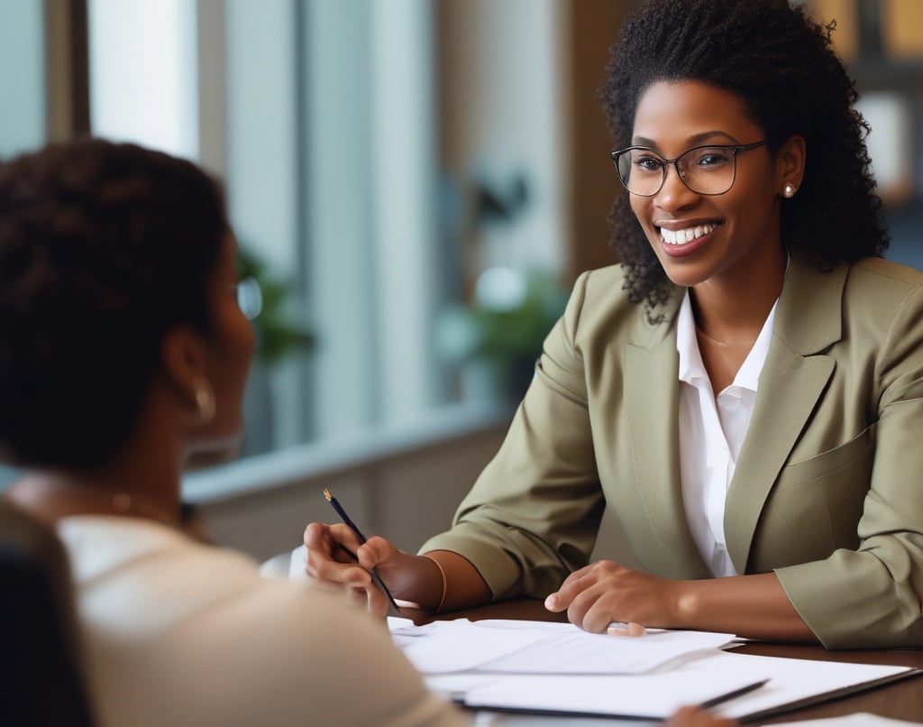 A friendly financial advisor discussing paperwork with a client in a bright, cozy office.