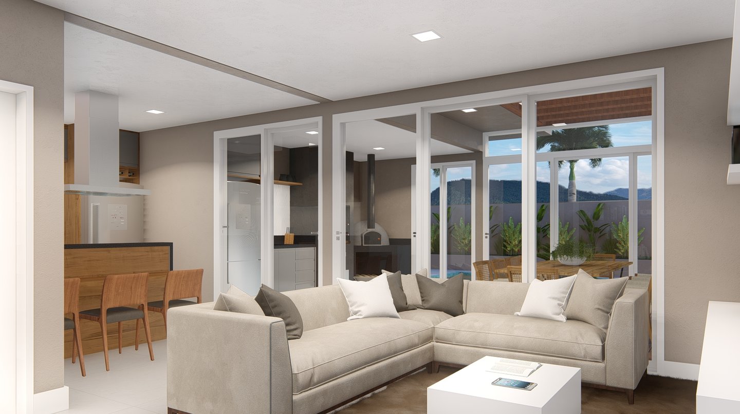 sala de estar com cozinha integrada