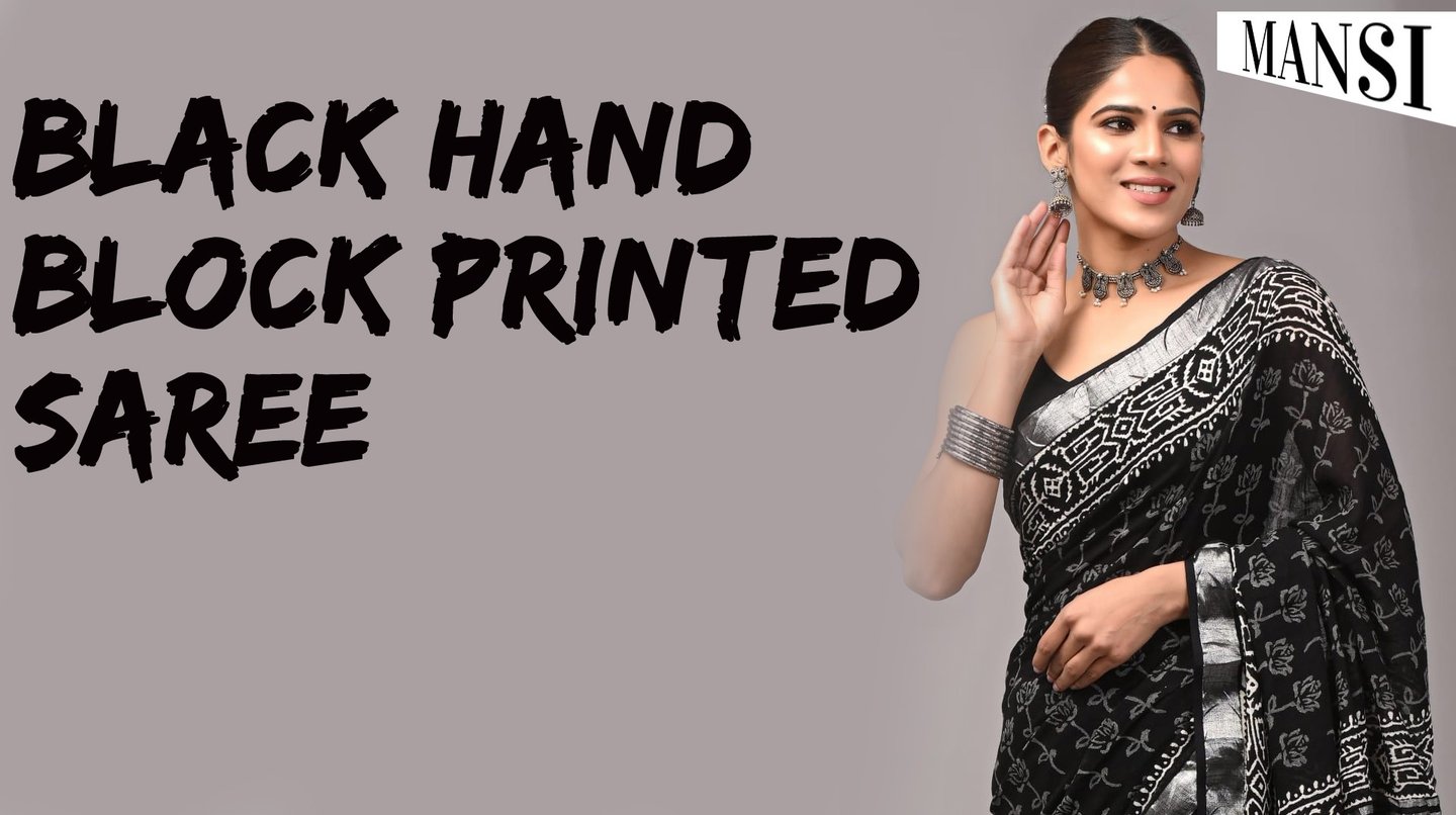 buy black hand block printed saree at best price