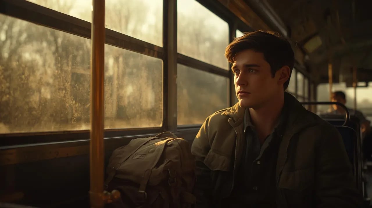 Young boy travelling by a bus alone representing a bold heart.