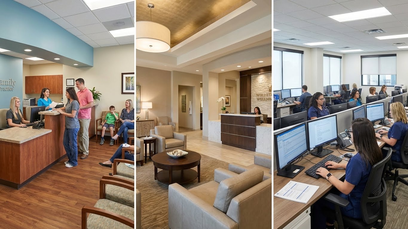 Modern healthcare practice environment highlighting patient experience, administrative workflows, an