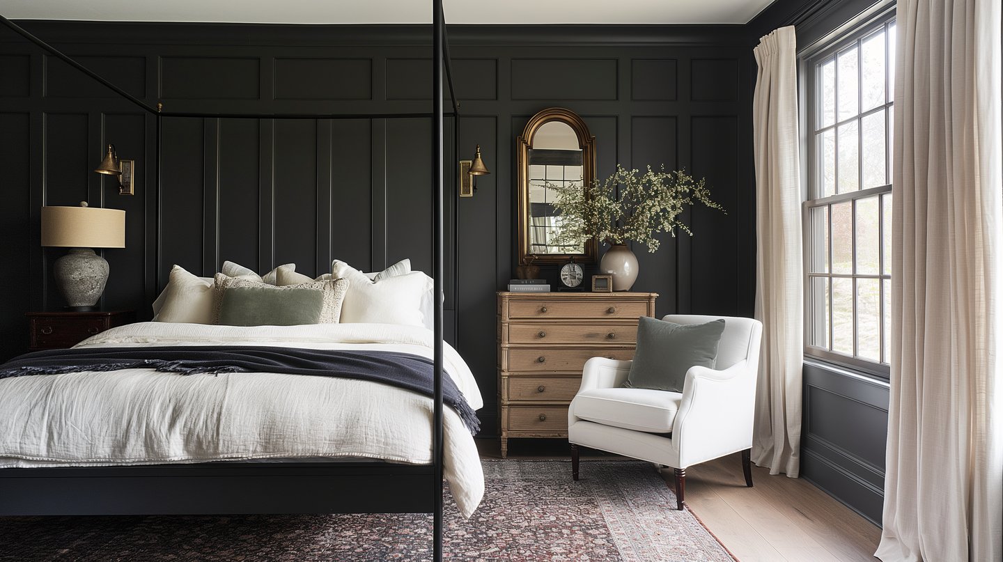 a bedroom with a canopy bed and a chair with moody color walls