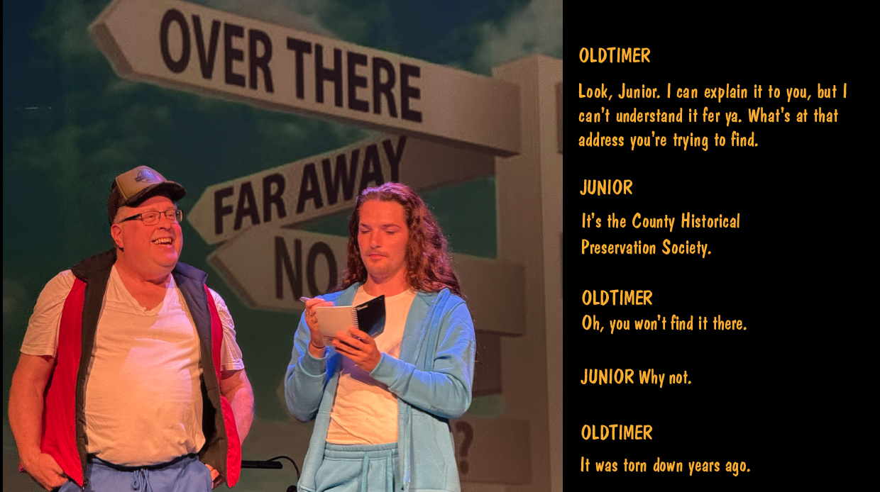 Two actors performing comedy skit about places that have been torn down