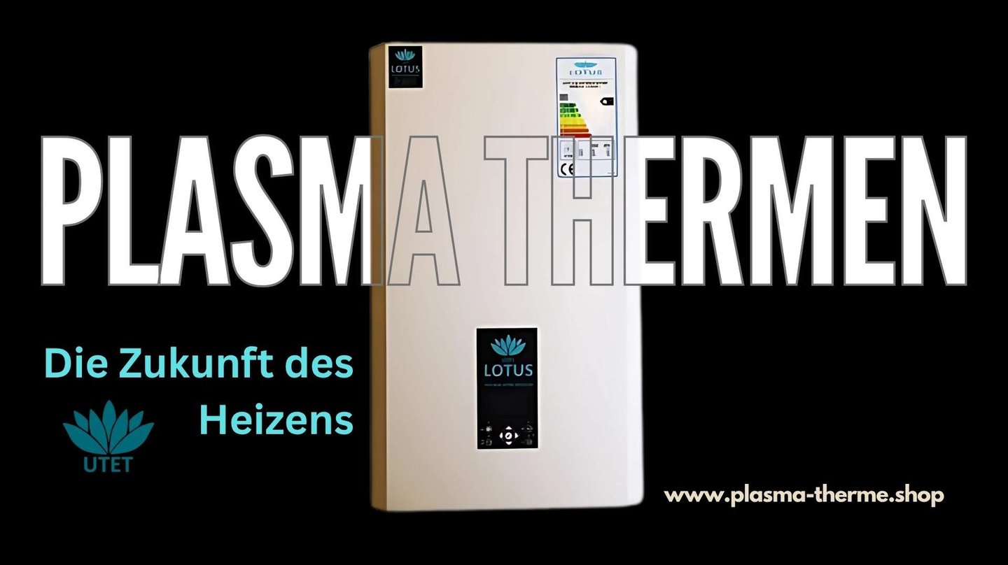 Moderne Lotus Plasma-Therme vor schwarzem Hintergrund mit UTET-Logo und Werbeslogan
