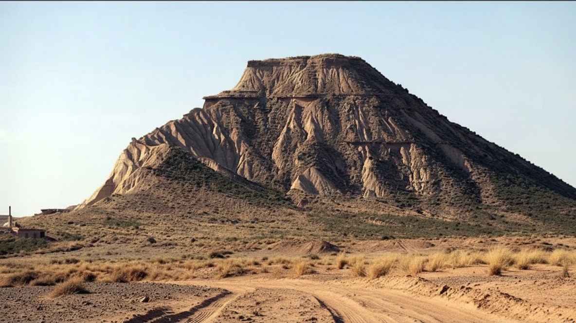Paisaje semidesértico de las Bardenas Reales en Navarra, mostrando un cabezo o montaña de arcilla