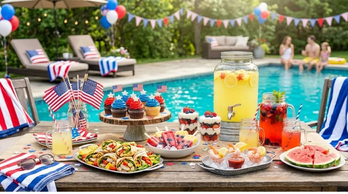 Refreshing 4th of July pool party foods with watermelon, wraps, popsicles, and colorful drinks.