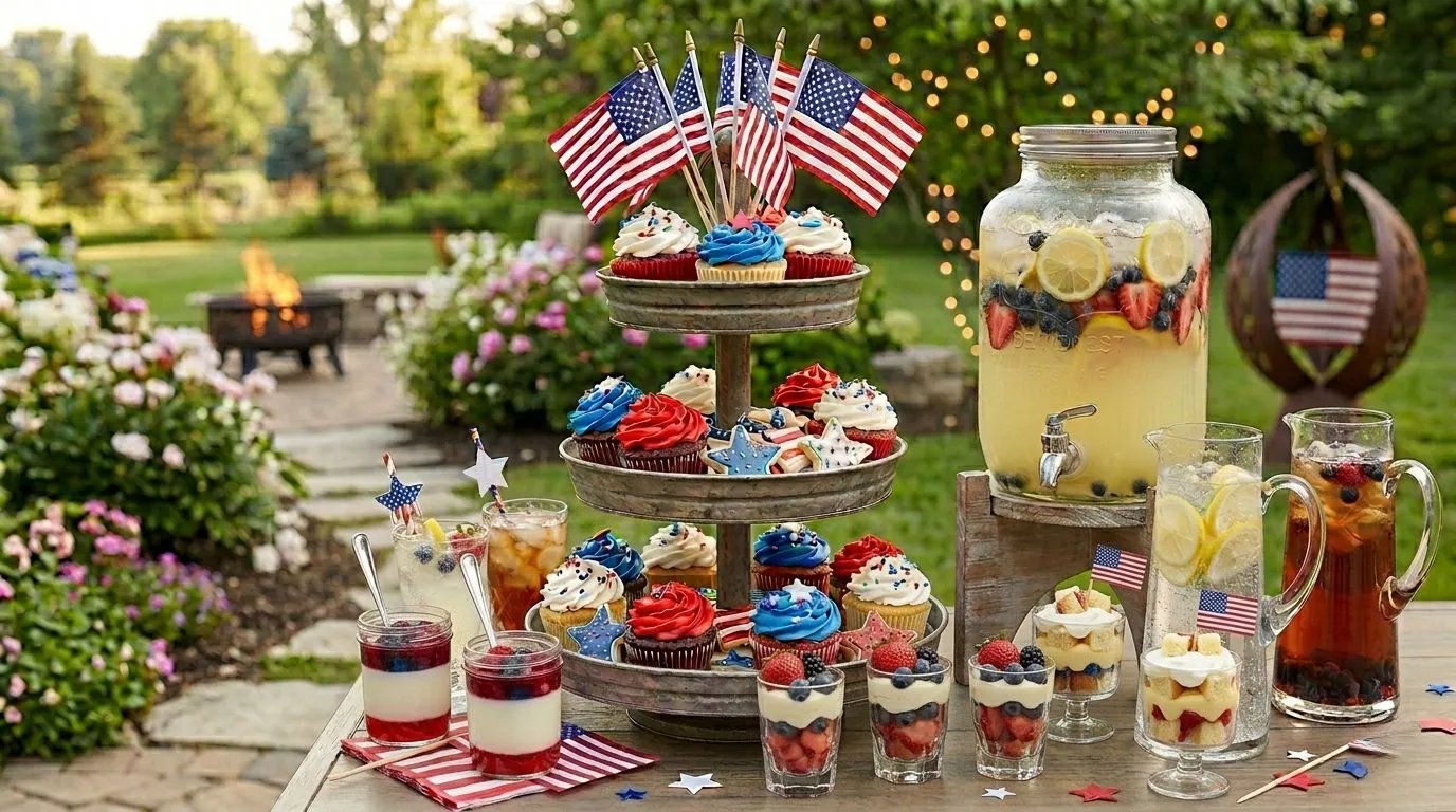 Patriotic 4th of July desserts and drinks decorated in red, white, and blue colors.