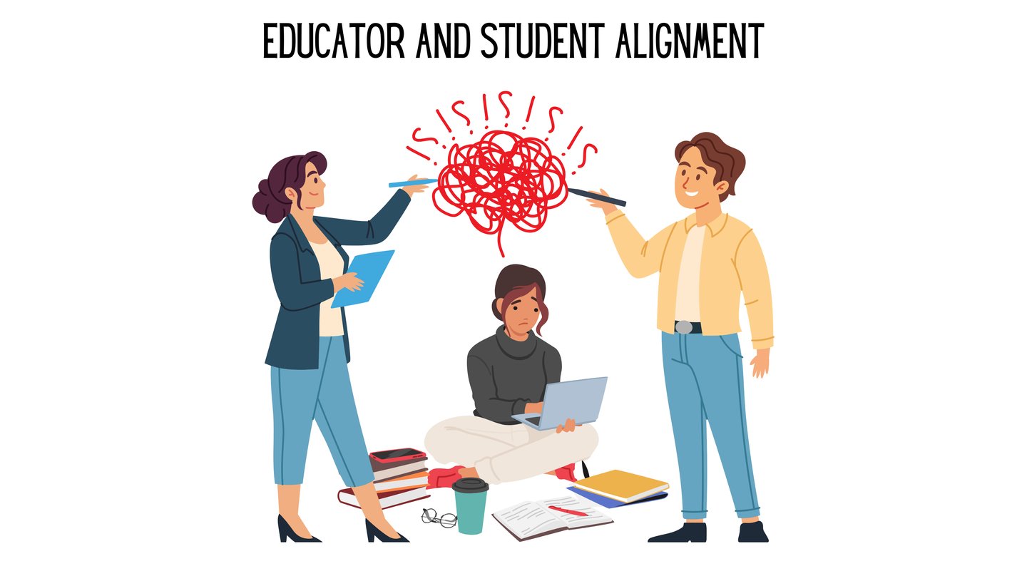 a frustrated student with two teachers writing in a thought bubble over her head