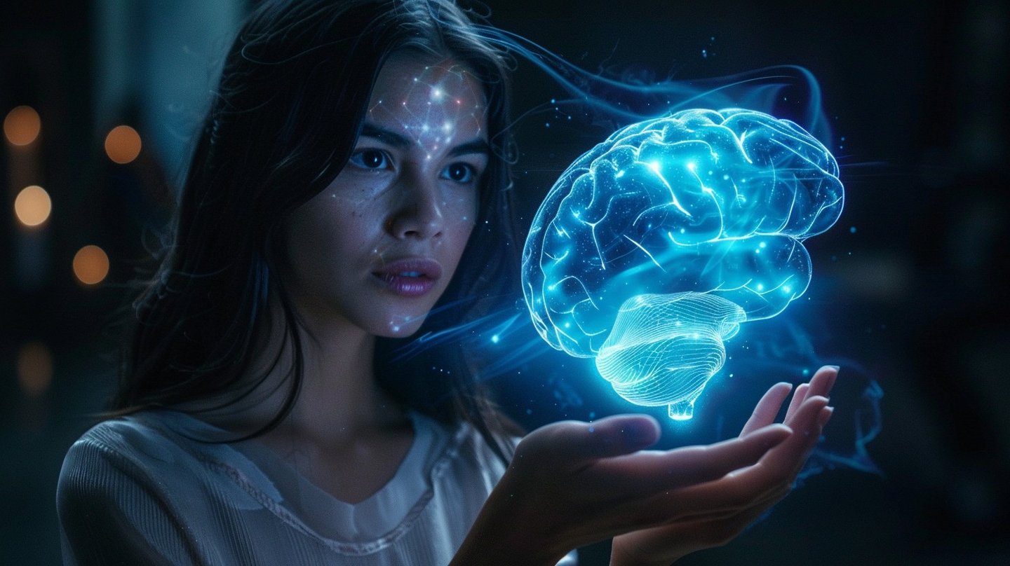Woman holding glowing holographic brain visualization for meditation and spiritual mental energy