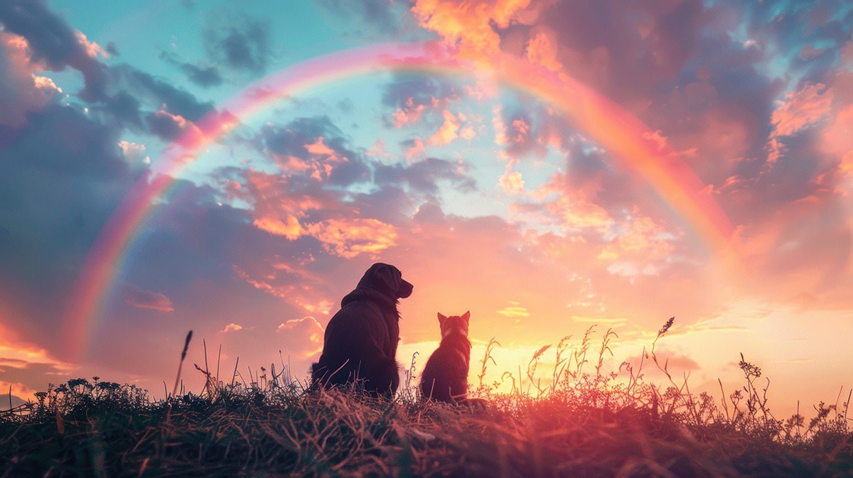a dog and a cat sitting on a hill under a rainbow.