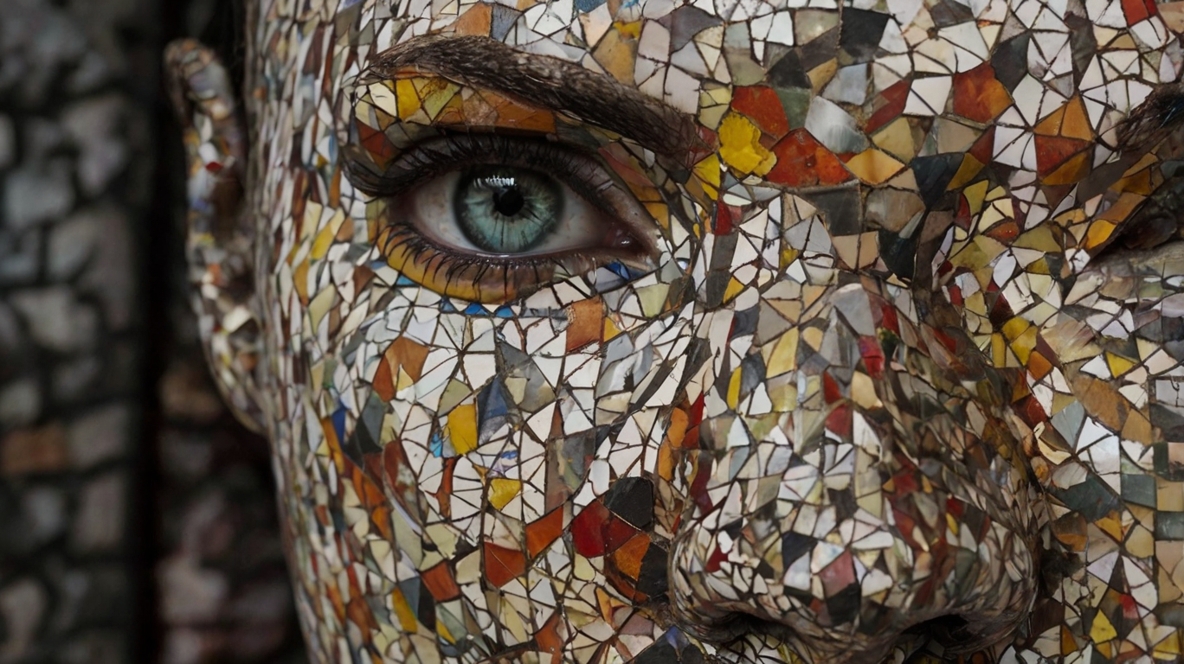 Imagem que mostra um rosto de uma mulher com aplicação de pedaços azulejos no rosto, arte moderna.
