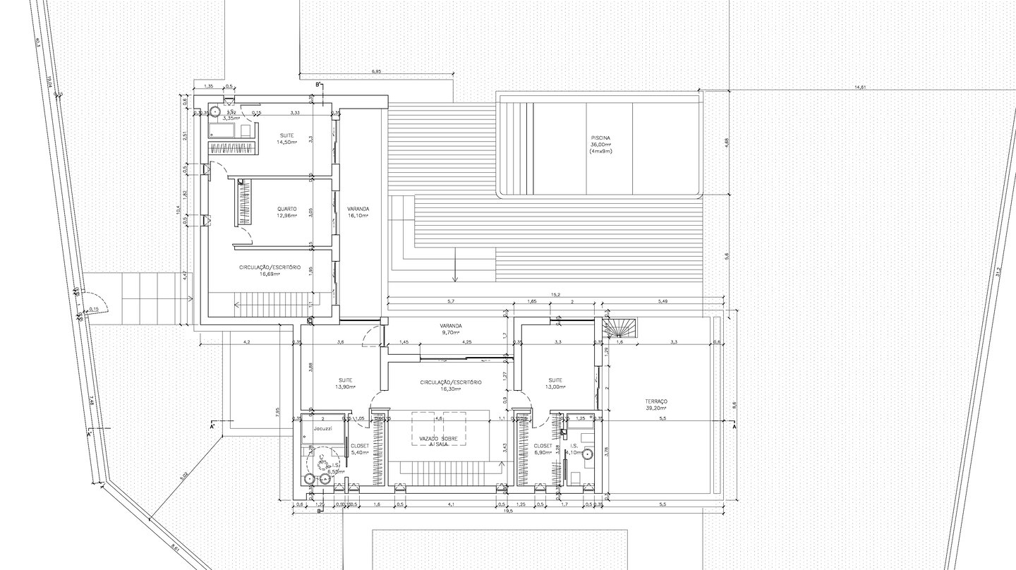 Moradia em Vila Alegre. Projeto de Arquitetura. Planta do Piso 1.