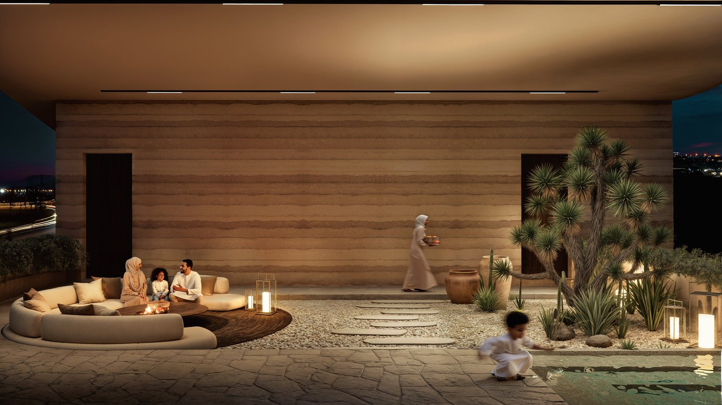 Luxury future home courtyard with ambient landscape lighting