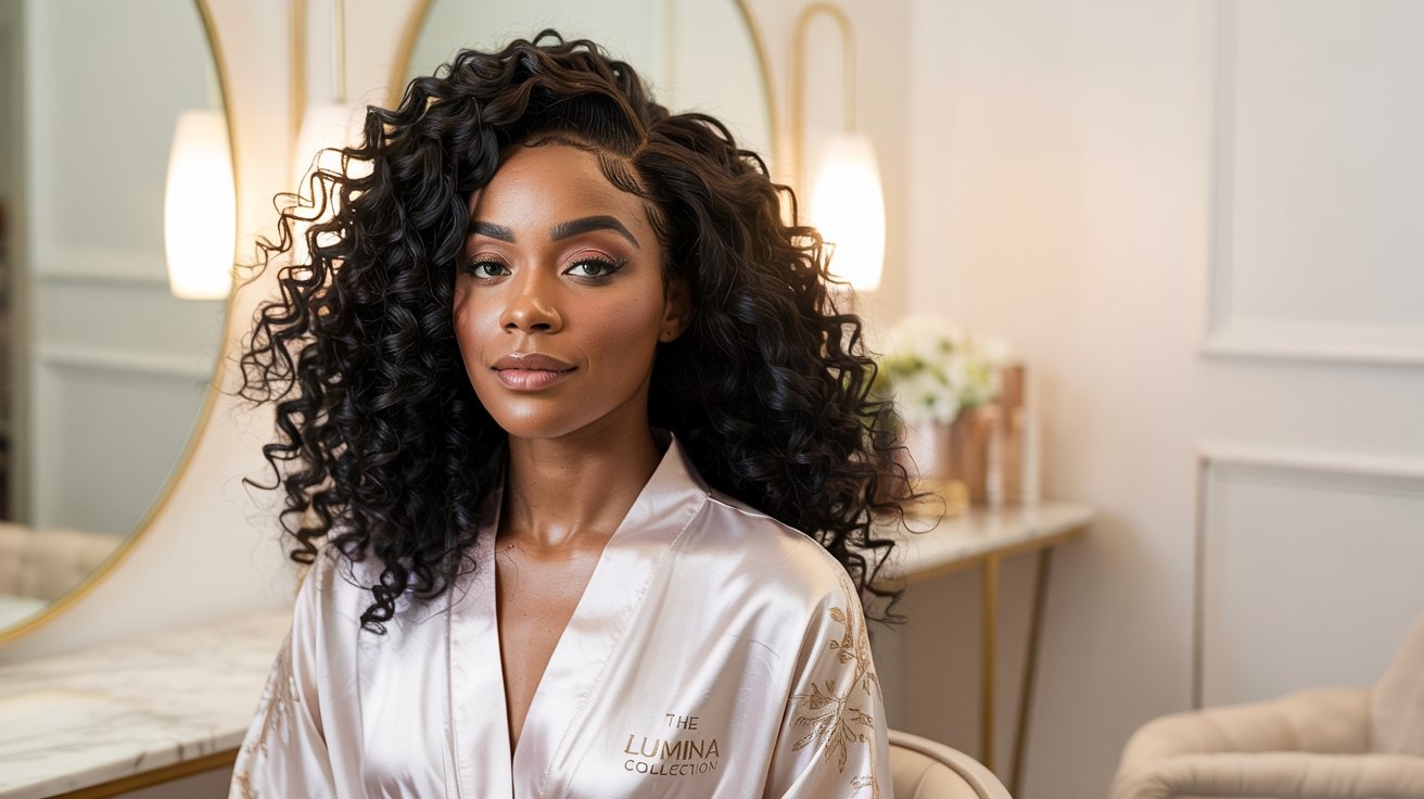  Femme noire aux cheveux bouclés, souriante, assise dans un fauteuil de salon de coiffure, ambiance 