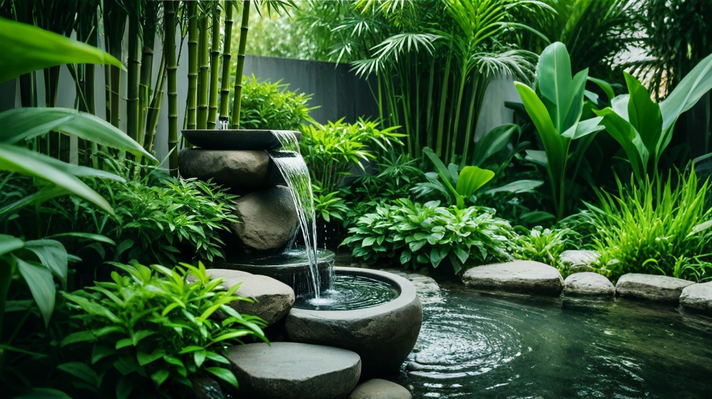 A serene backyard zen garden featuring a stone tiered waterfall, lush bamboo, and tropical green plants.