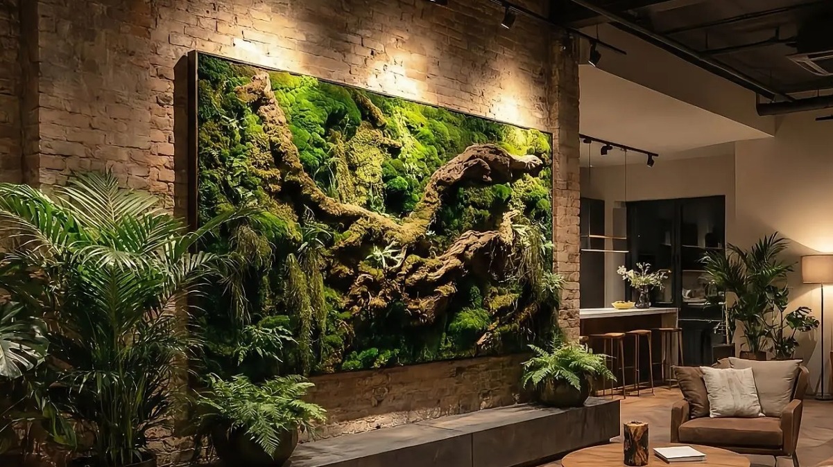 Vertical preserved moss wall art with driftwood on an exposed brick wall in a modern living room.