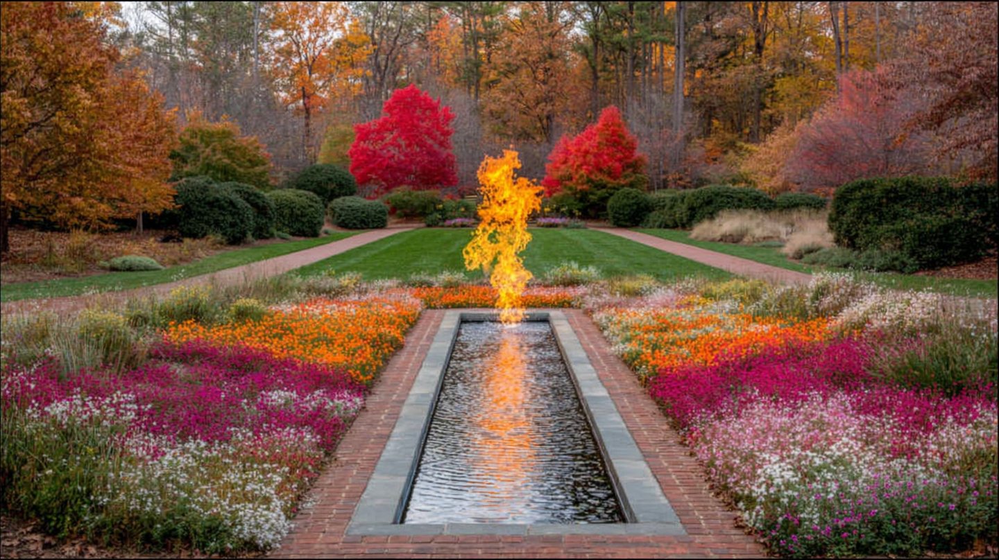Modern garden fire feature centered over a narrow reflecting pool surrounded by colorful autumn foliage and flowers.