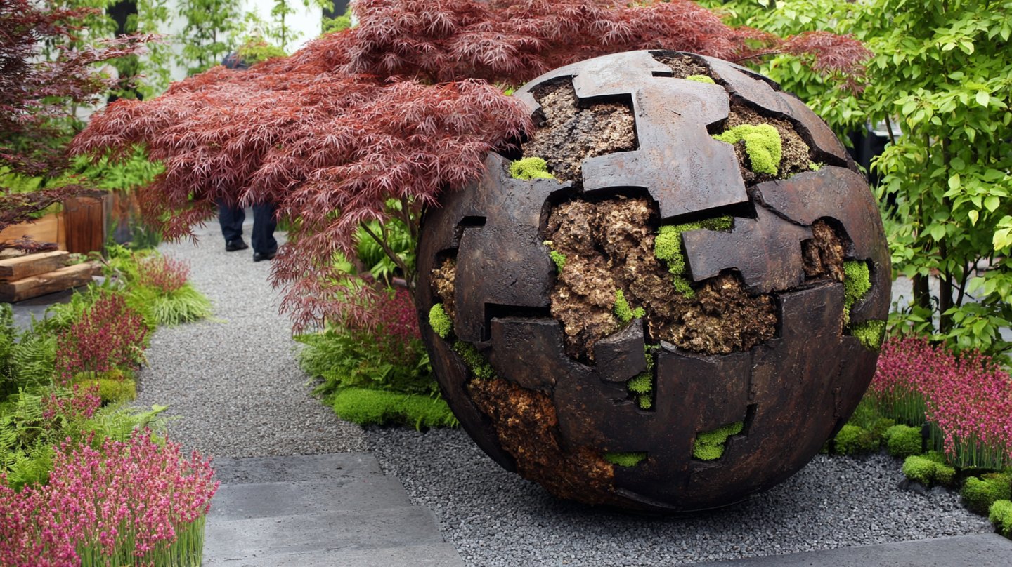 Rustic metal sphere garden sculpture nestled among red Japanese maple trees and lush green moss.