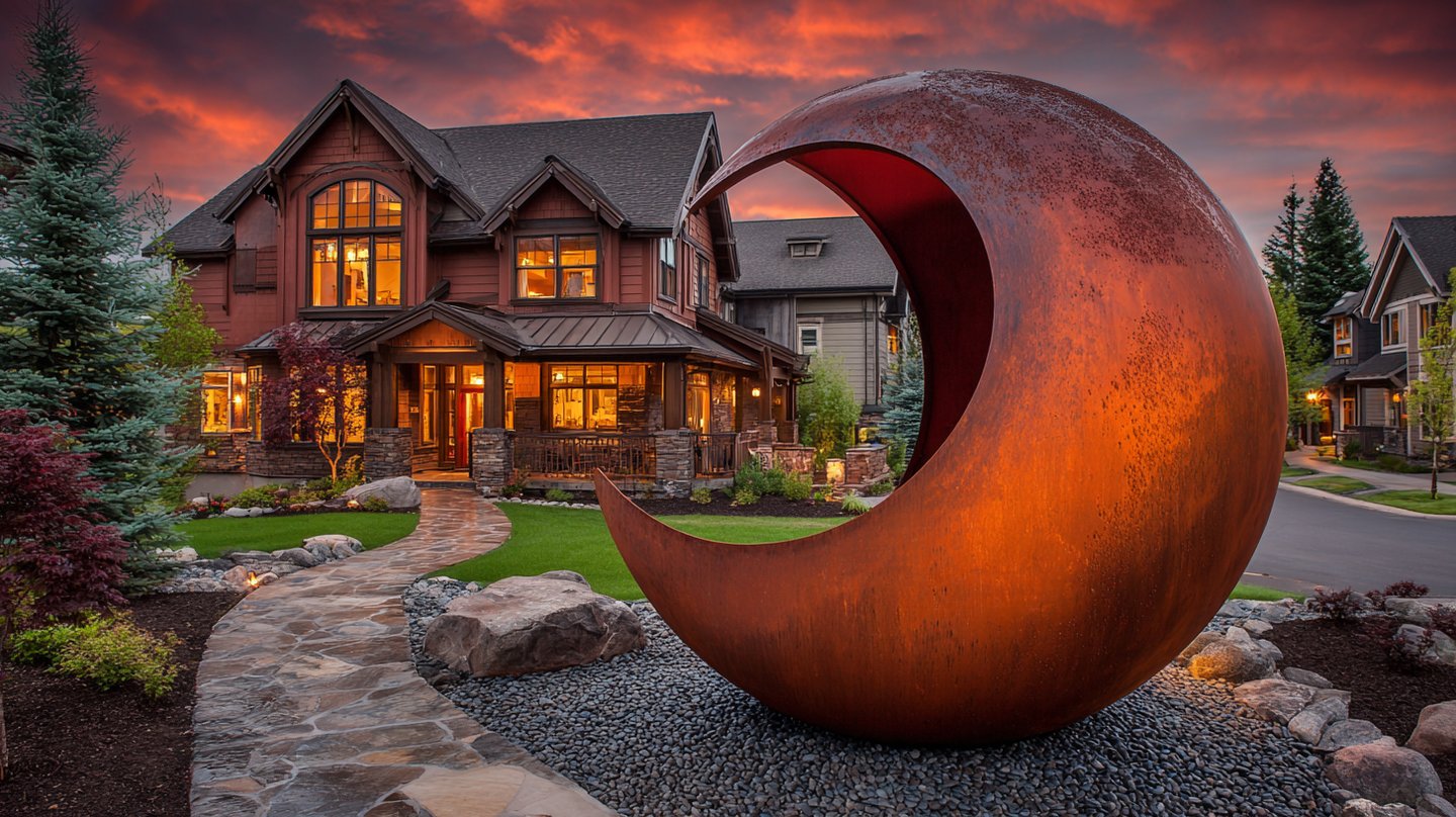 Modern rustic luxury home with a large crescent moon steel sculpture in the front yard at sunset.