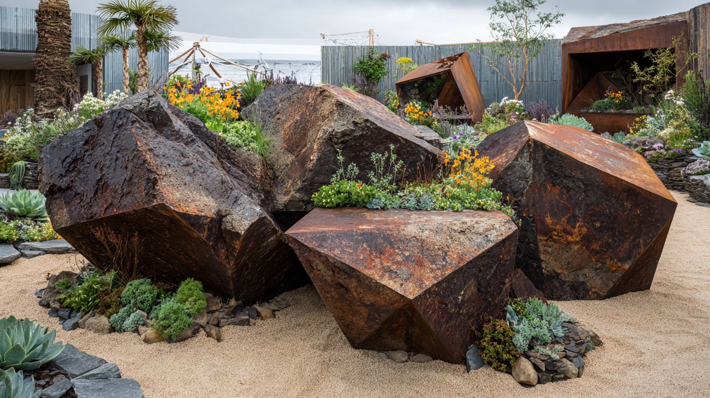 Modern desert garden design featuring geometric rusted steel sculptures and succulents in a xeriscape landscape.