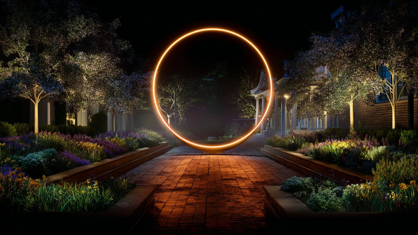Glowing circular ring sculpture lighting up a backyard garden stone path at night.