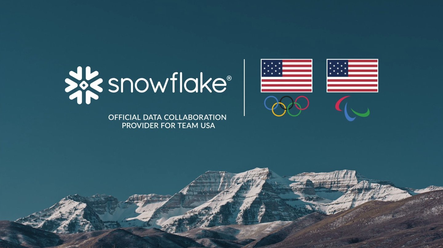 Snowflake logo and Team USA Olympic and Paralympic symbols over snowy mountain peaks.