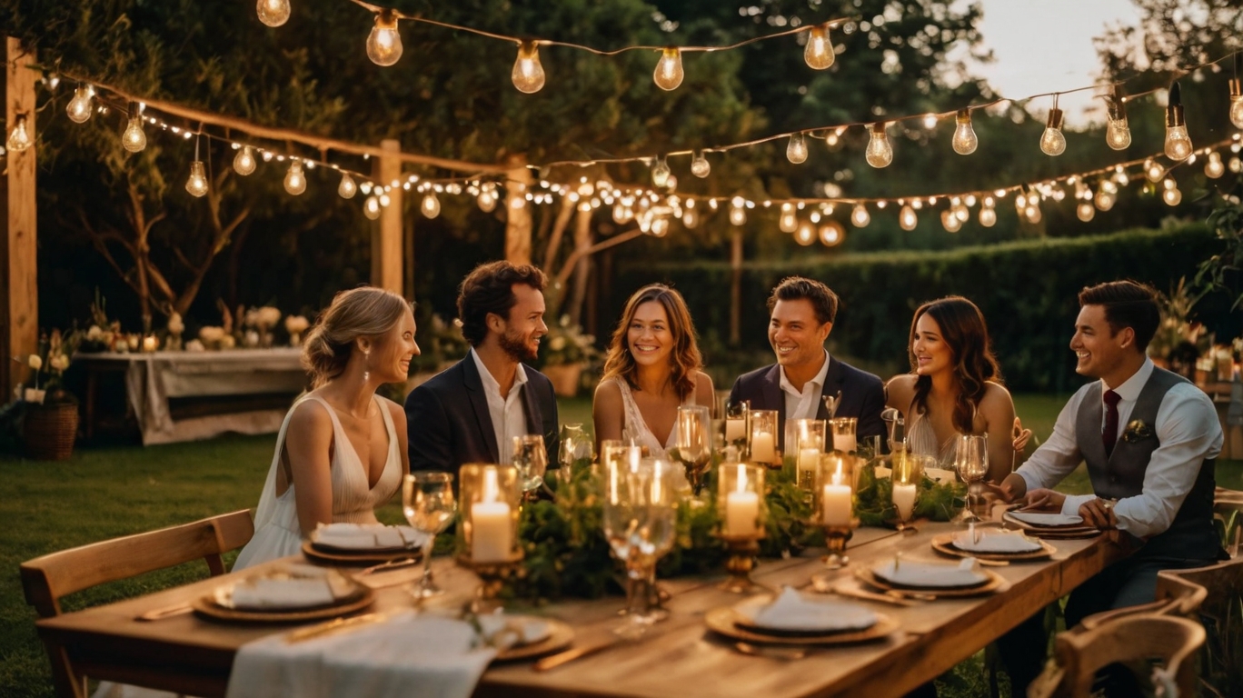 Dîner de mariage intimiste en extérieur avec guirlandes lumineuses