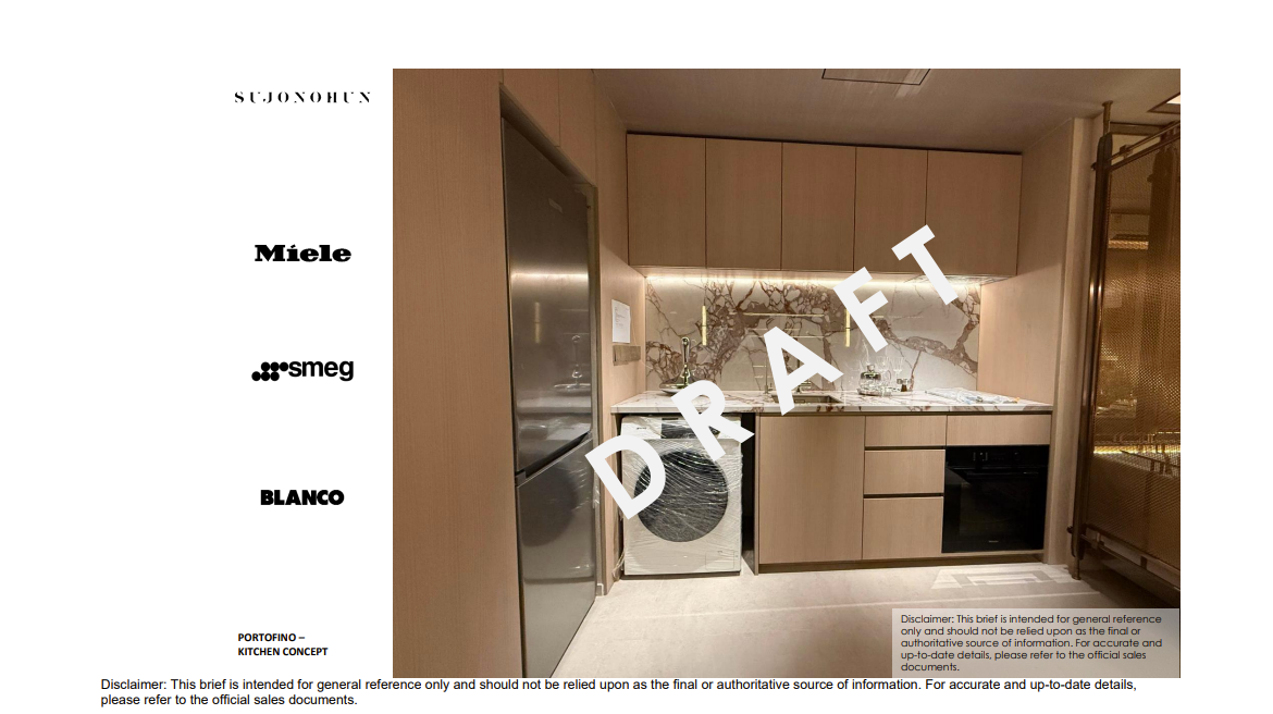 Modern luxury kitchen concept featuring wood cabinetry, marble backsplash, and Miele appliances.