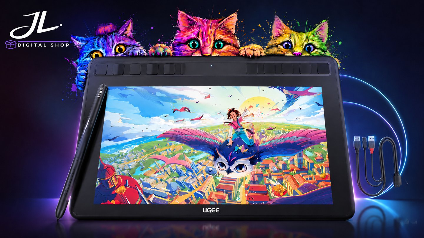 Tableta de dibujo UGEE con lápiz óptico que incluye coloridas ilustraciones de gatos y arte digital 
