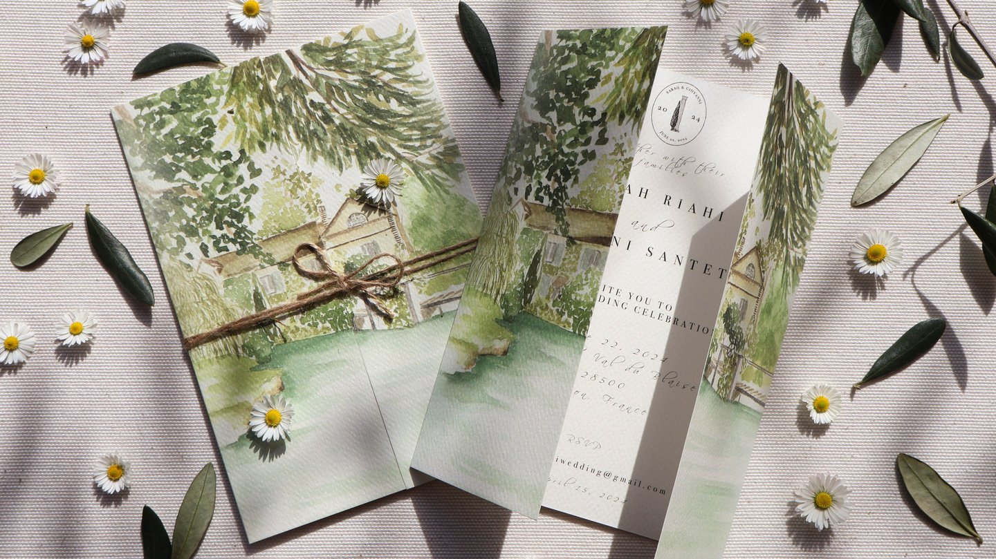 watercolor invitation of the location with flowers and olive leaves