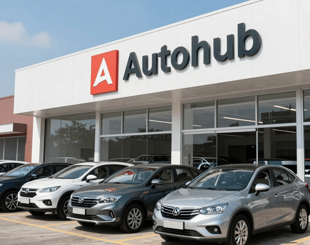 A welcoming reception desk inside Auto Hub Car Sales with a sleek dark interior and a friendly staff member ready to assist customers.