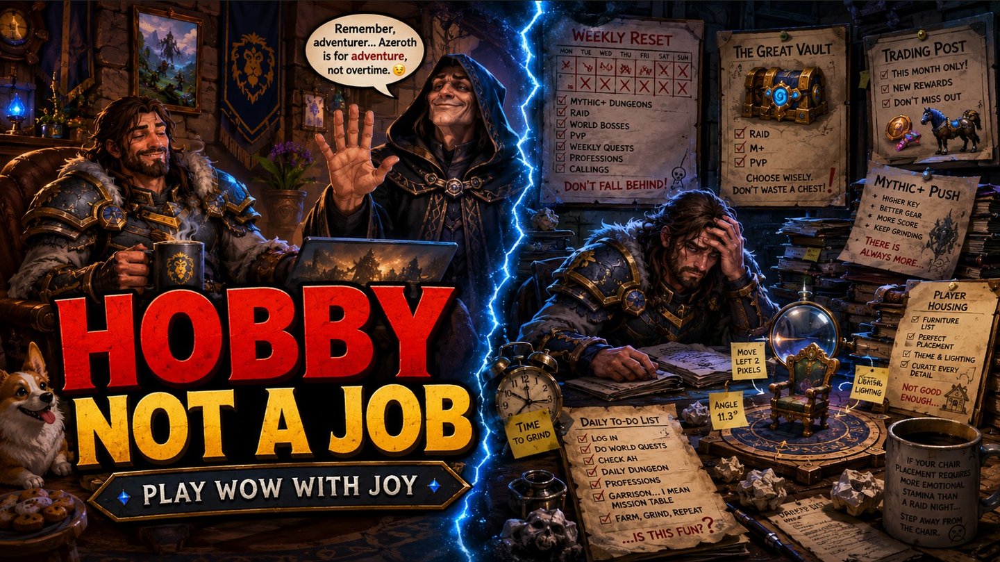 World of Warcraft healthy gaming guide image showing WoW burnout, weekly reset pressure, Mythic Plus chores, Great Vault