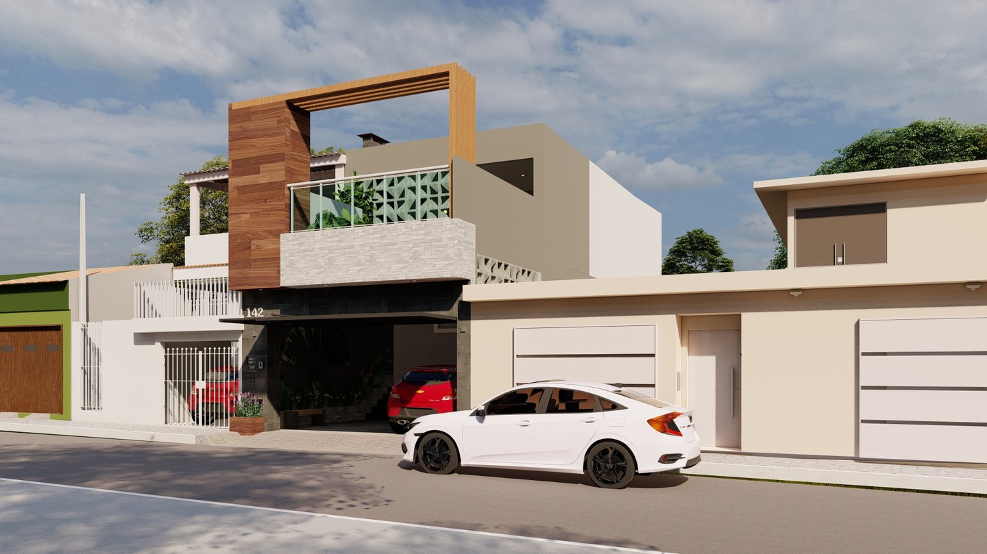 Fachada residencial reformada com elementos modernos em projeto de retrofit em São Paulo