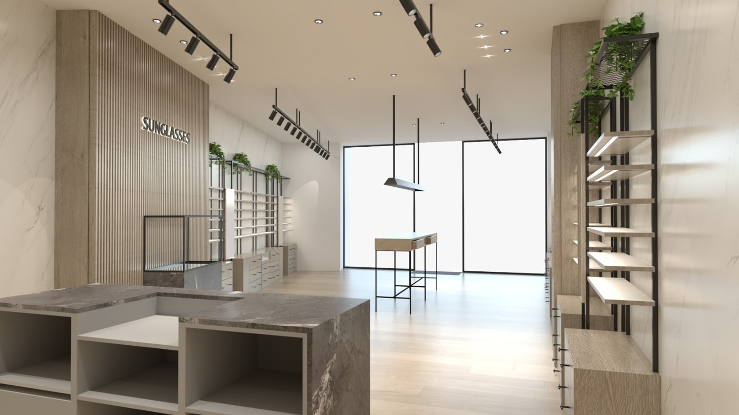 Diseño interior de óptica moderna por MSDecop, con mostradores y estanterías de exposición.