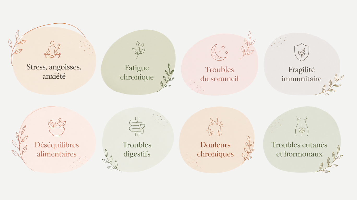 Infographic showing holistic wellness services for stress, sleep, digestion, and chronic pain in French.