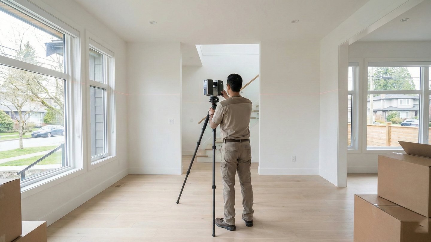 A Vancouver property being measured for an as-built survey before renovation