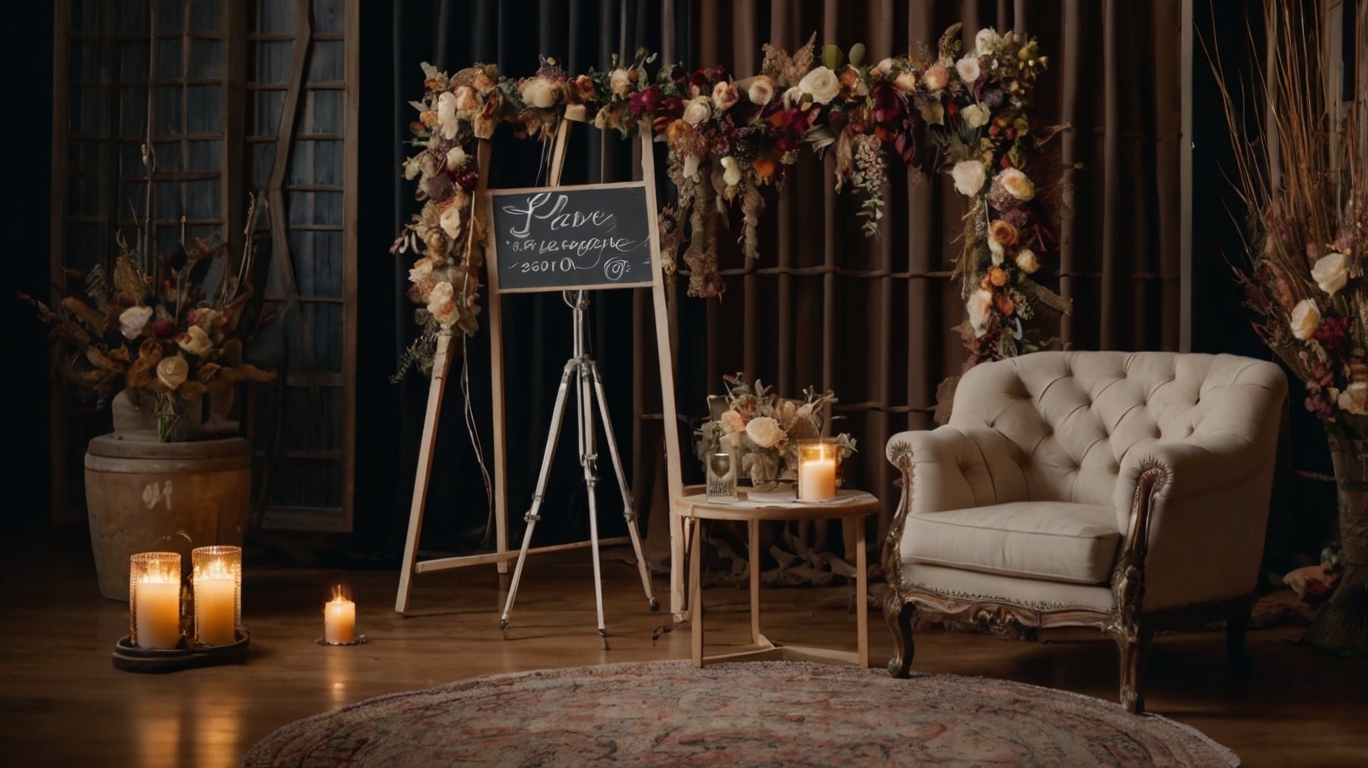 a chair with candles and candles on a wooden floor