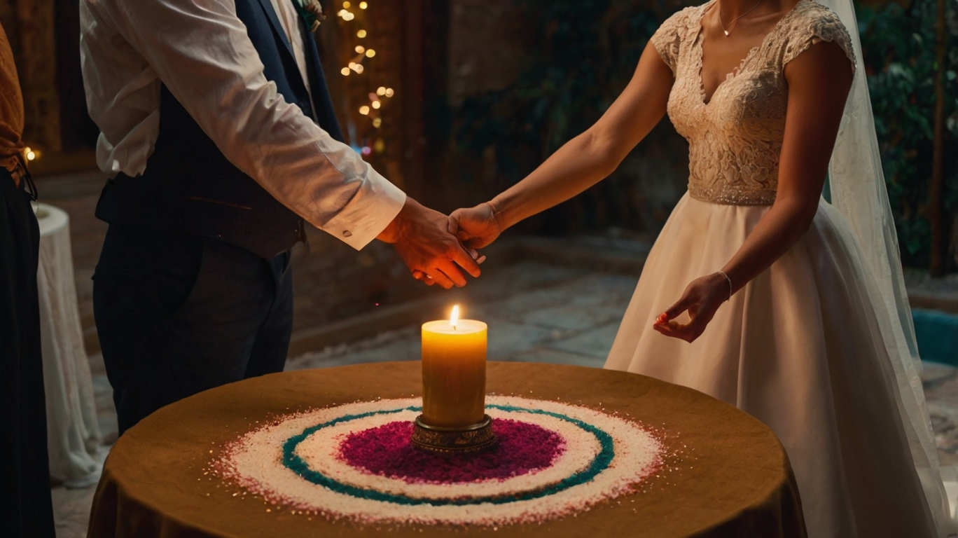 Couple réalisant un rituel symbolique entouré de leurs proches durant leur mariage