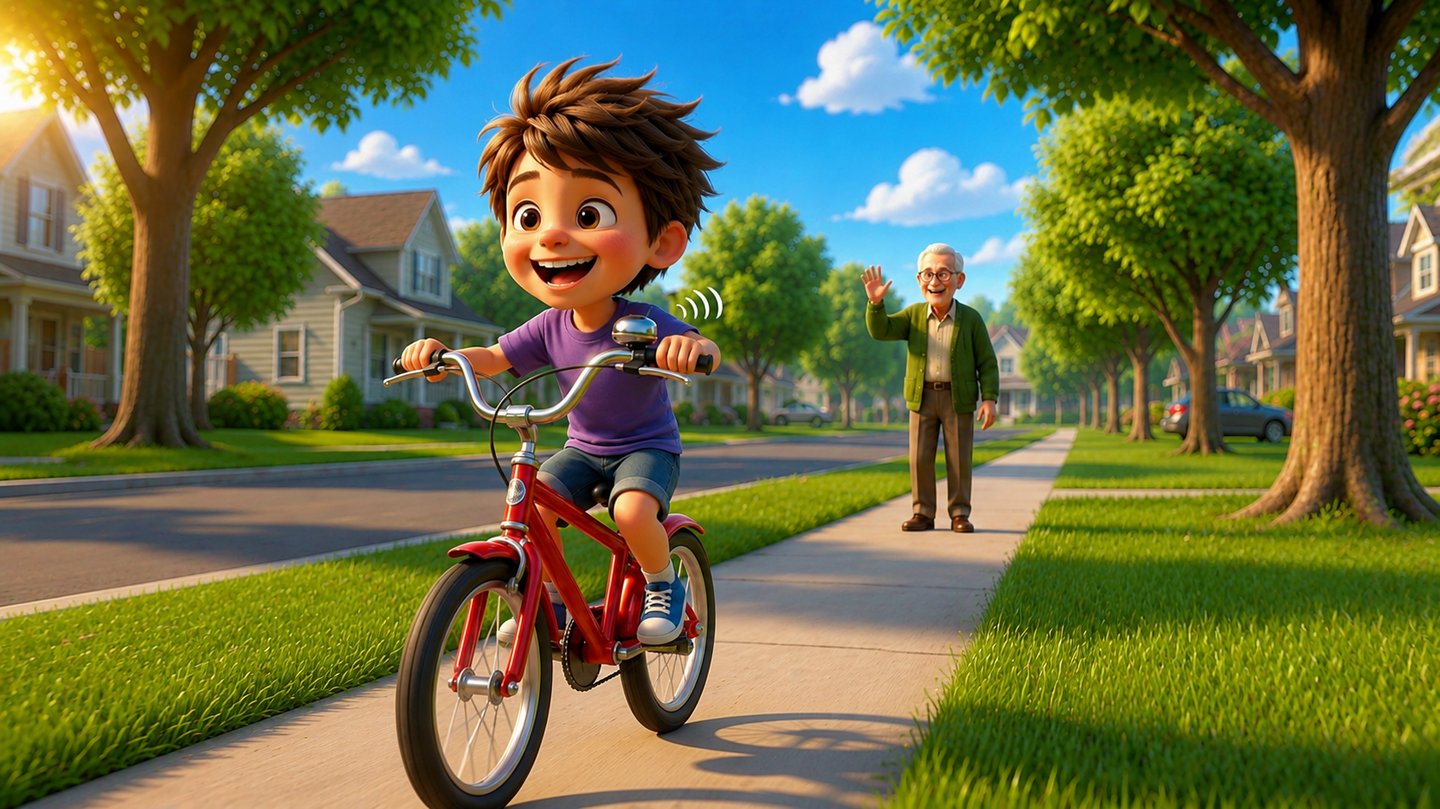 A happy animated boy riding a red bicycle on a sunny suburban sidewalk while his grandfather waves in the background.