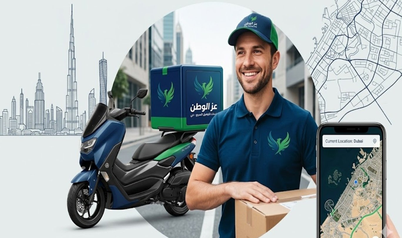 Smiling courier delivering a package in Dubai with a delivery scooter and GPS tracking app.