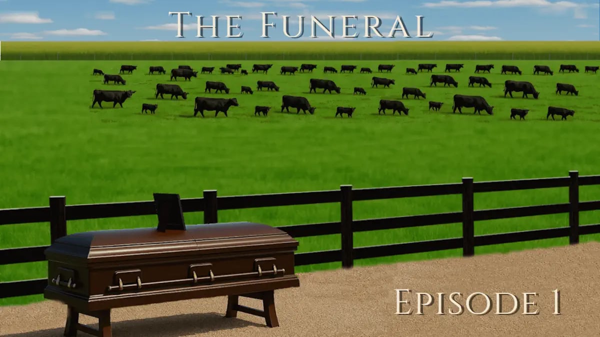 Coffin by fence, cattle in green paddocks under blue sky
