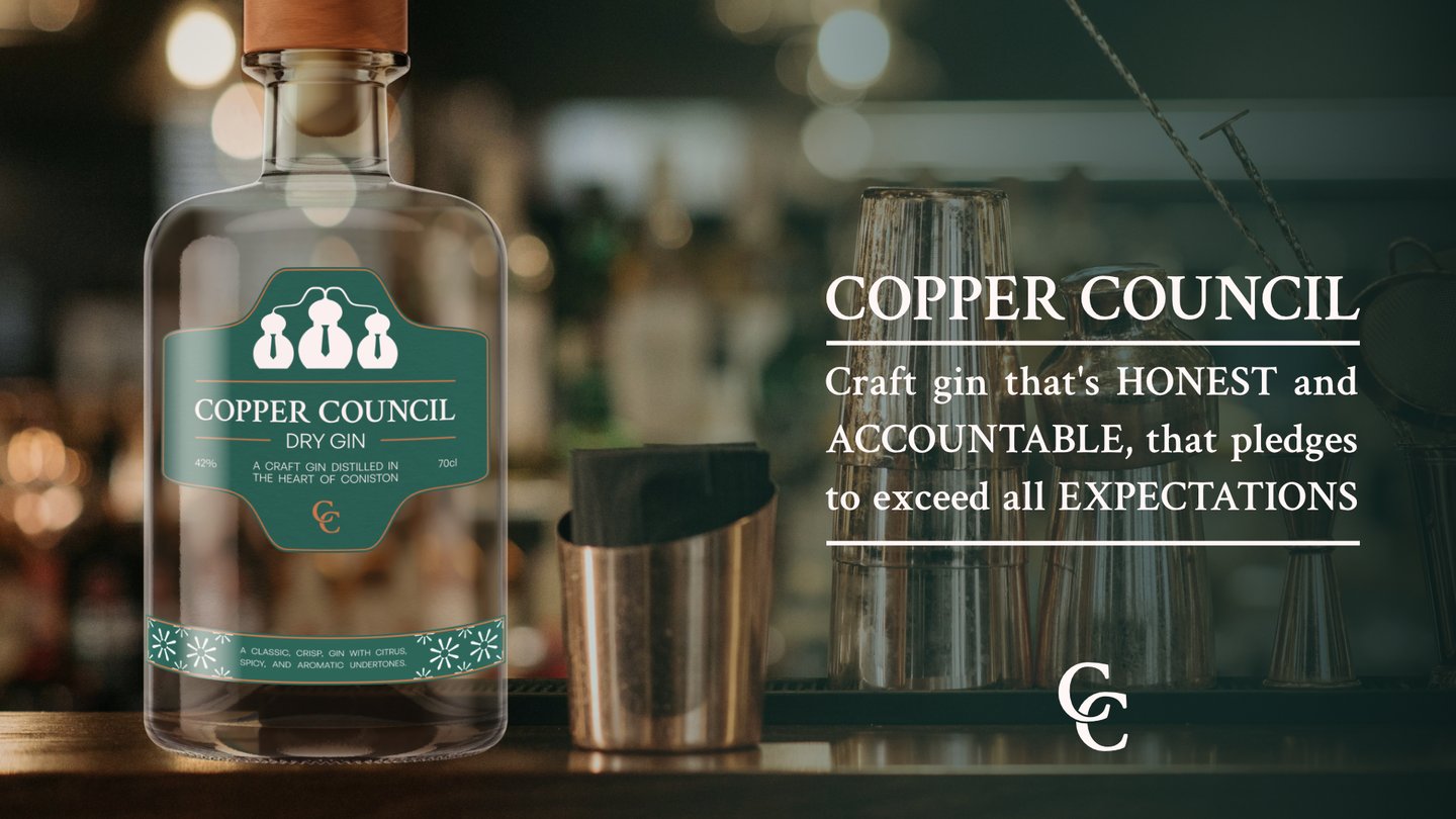 Advert with gin bottle on left, with text on right. Background shows copper barware.