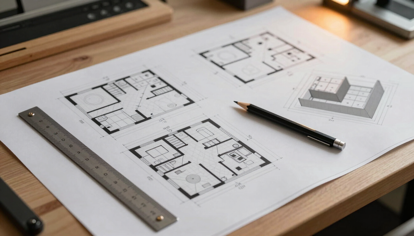 Overhead wide shot of a large drafting table under warm studio light, architectural floor plans and printed 3D renders spread across the surface, a mechanical pencil and scale ruler resting on the drawings, shallow depth of field pulling focus to the technical linework
