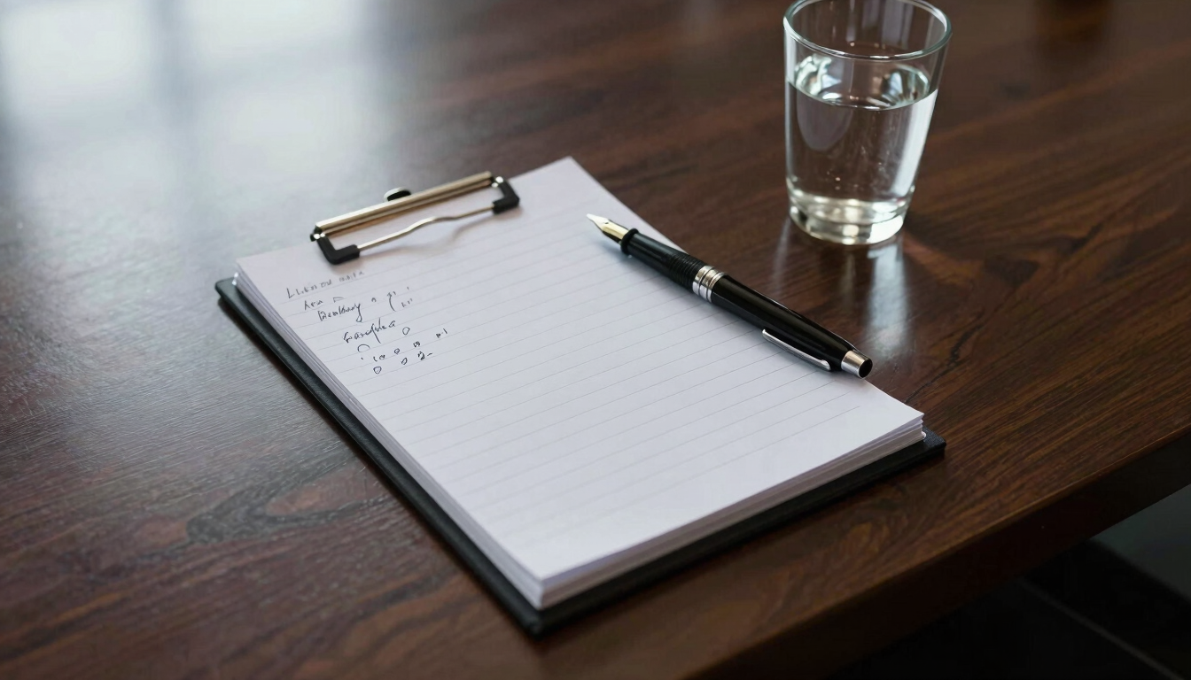 Overhead close study of a polished conference table — a legal notepad with precise handwritten notes, a capped fountain pen resting beside it, a half-filled glass of water at the frame edge, controlled diffused window light from the left, deep neutral shadows, no people