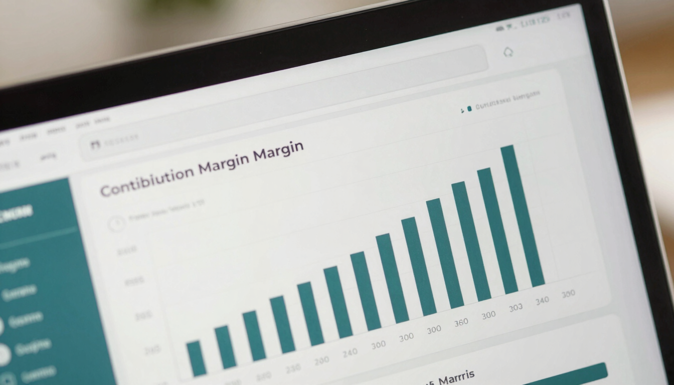 Macro shot of a clean, minimalist e-commerce dashboard showing contribution margin and conversion metrics with deep teal accents, bright natural daylight.