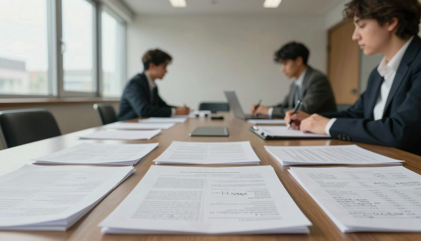 Wide panoramic view of a meeting room, two people seated across a table covered in printed financial worksheets and handwritten notes, natural daylight from tall windows on the left, desaturated warm tones, no faces in focus, documents sharp in foreground