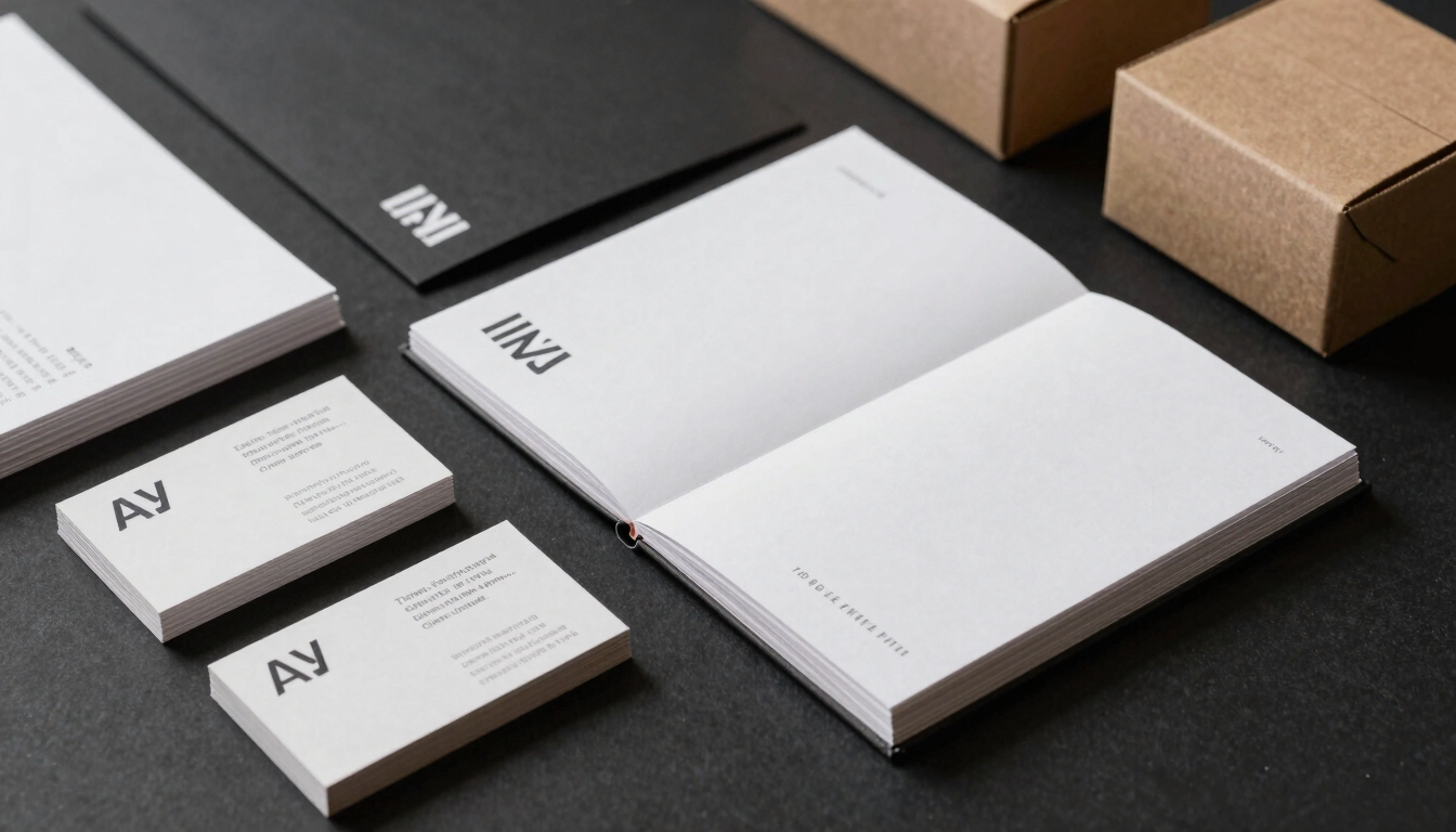 Wide flat-lay of stacked finished printed materials — business cards, folded brochures, and packaged boxes arranged at a slight angle on a matte black surface, shot under bright even studio light, colour-accurate, close detail of paper edges and registration marks visible