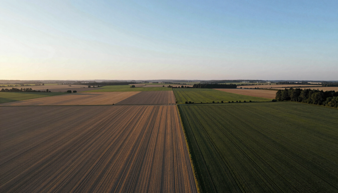 Panoramic aerial still from FPV drone at medium altitude over a patchwork of agricultural fields and forest edges in German lowlands, golden-hour light raking across crop rows creating long parallel shadow lines, horizon low, no sky-filling clouds, quiet geometry of land use visible from above