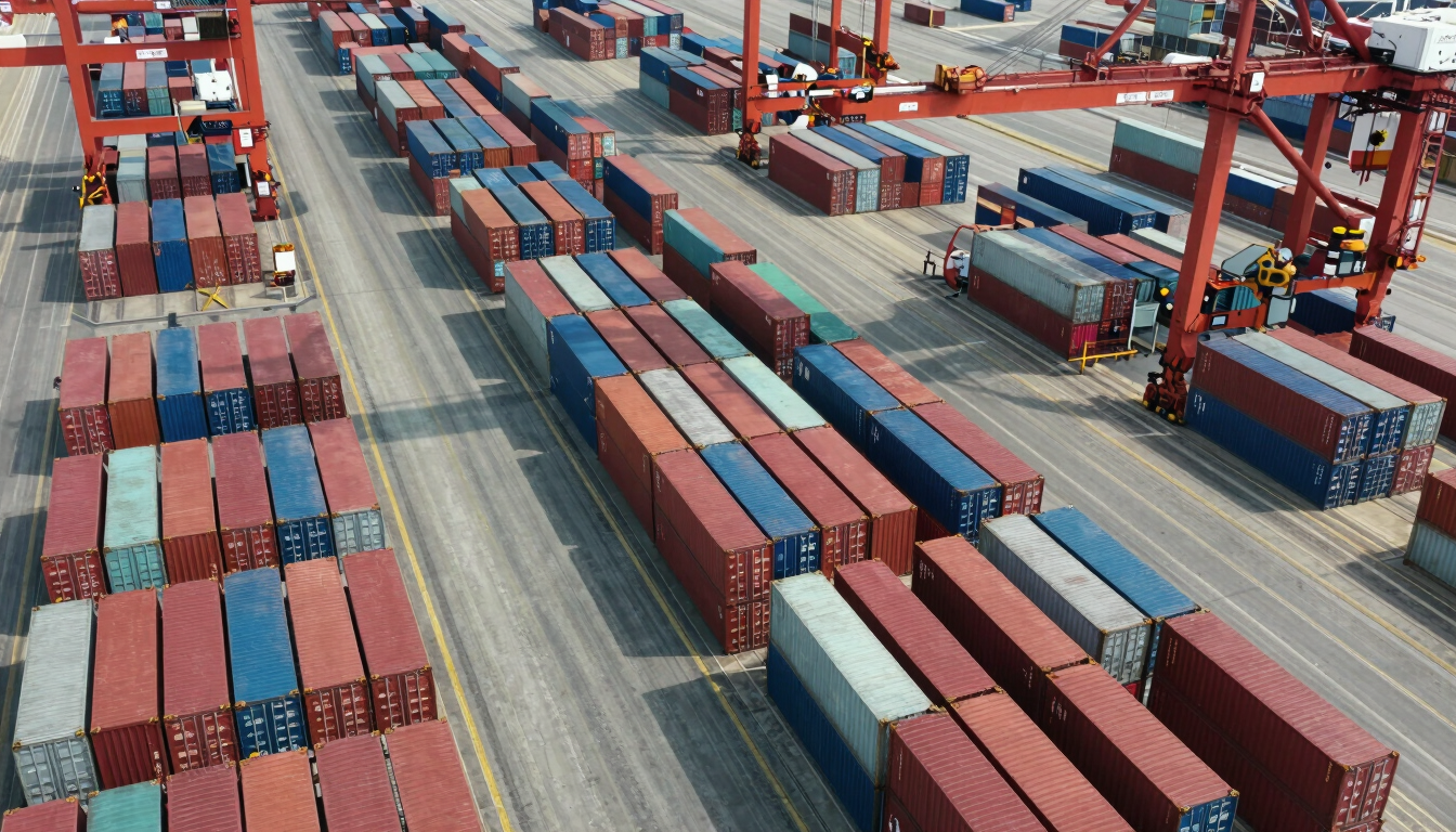 Overhead shot of an organised container terminal yard under cool daylight, coloured containers in precise rows with crane gantries visible, no people, clean geometric order